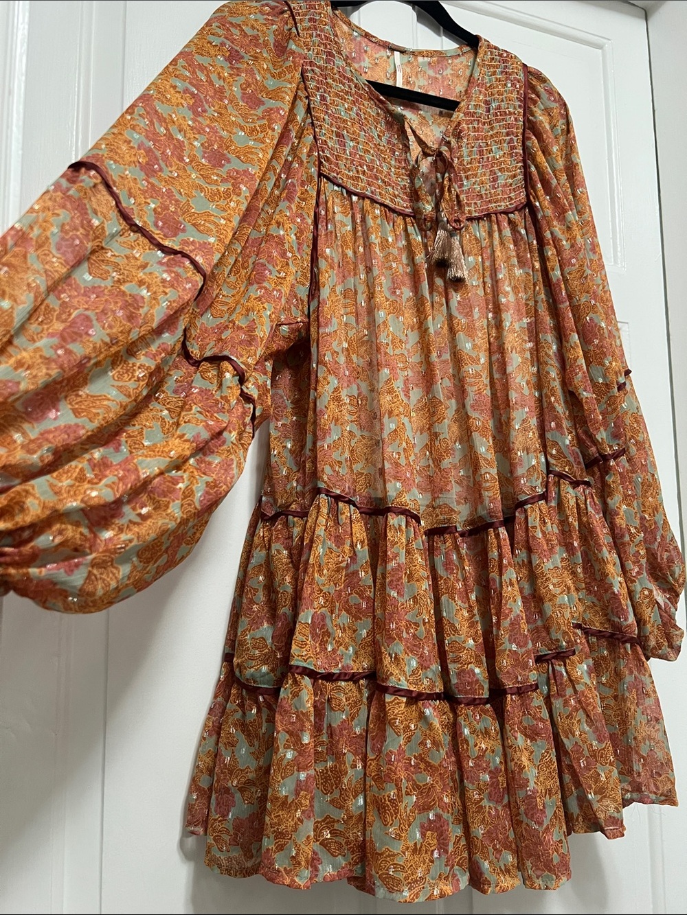 Free People Boho Floral Tiered Peasant Dress in Rust - Picture 2 of 8